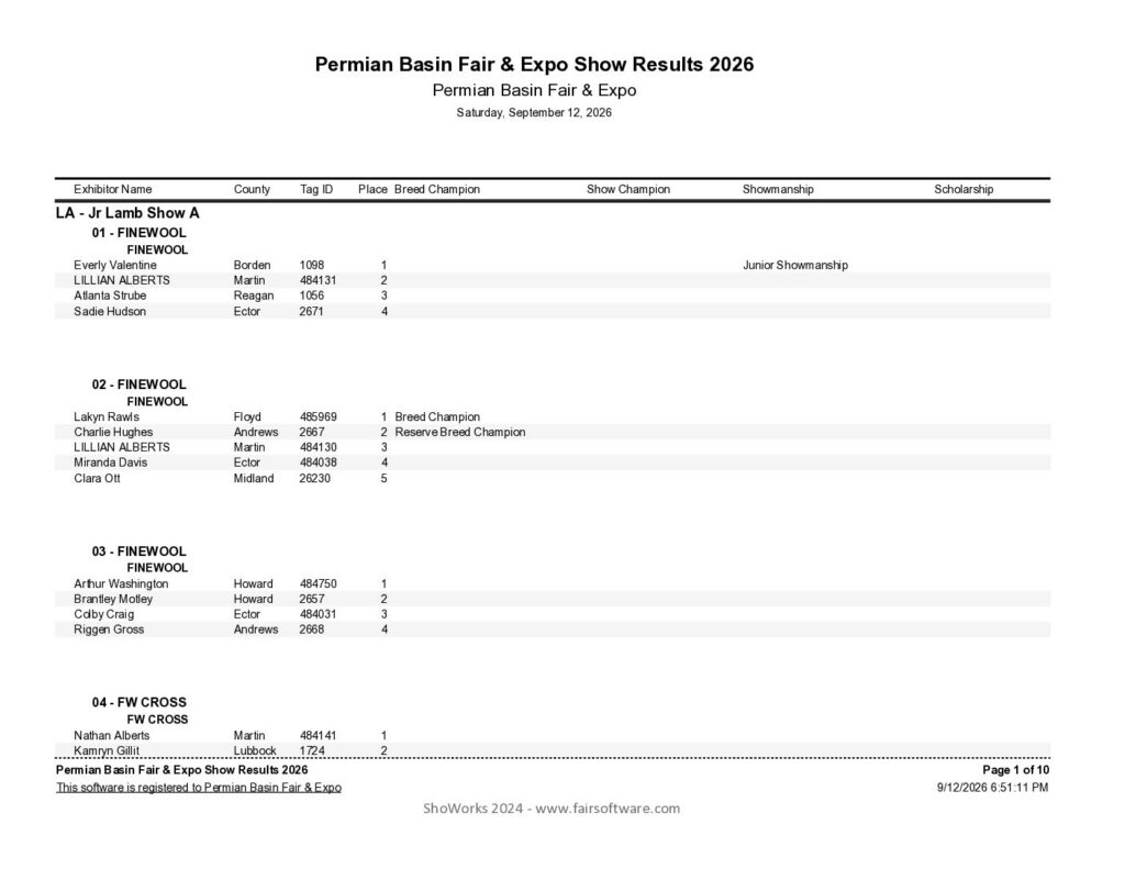 LAMB SHOW RESULTS 2026