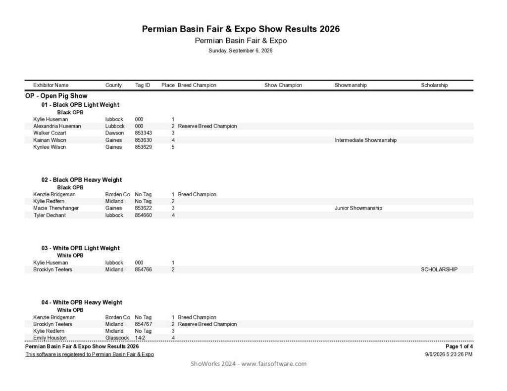 2026 Swine Show Results