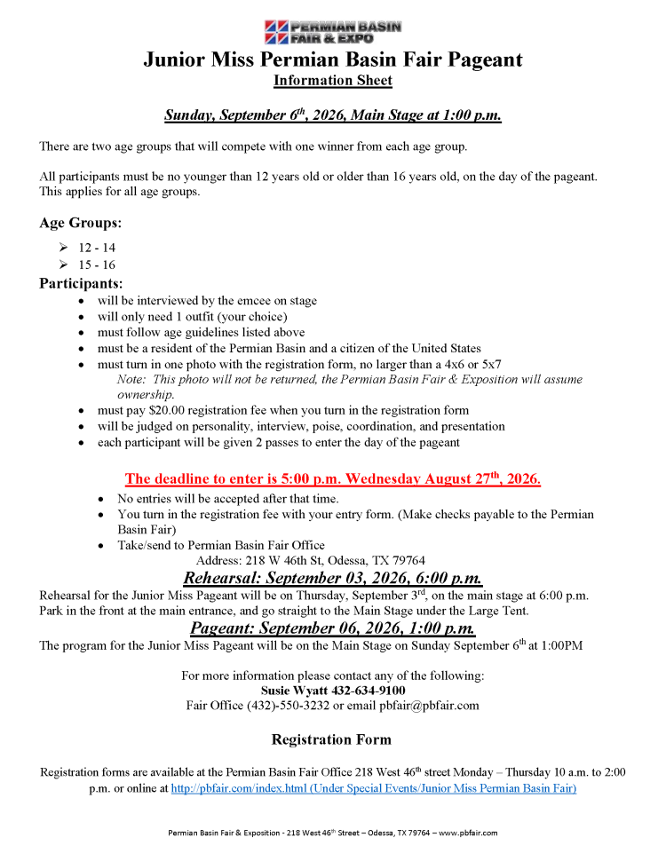 Junior Miss Permian Basin Fair Pageant information sheet.
