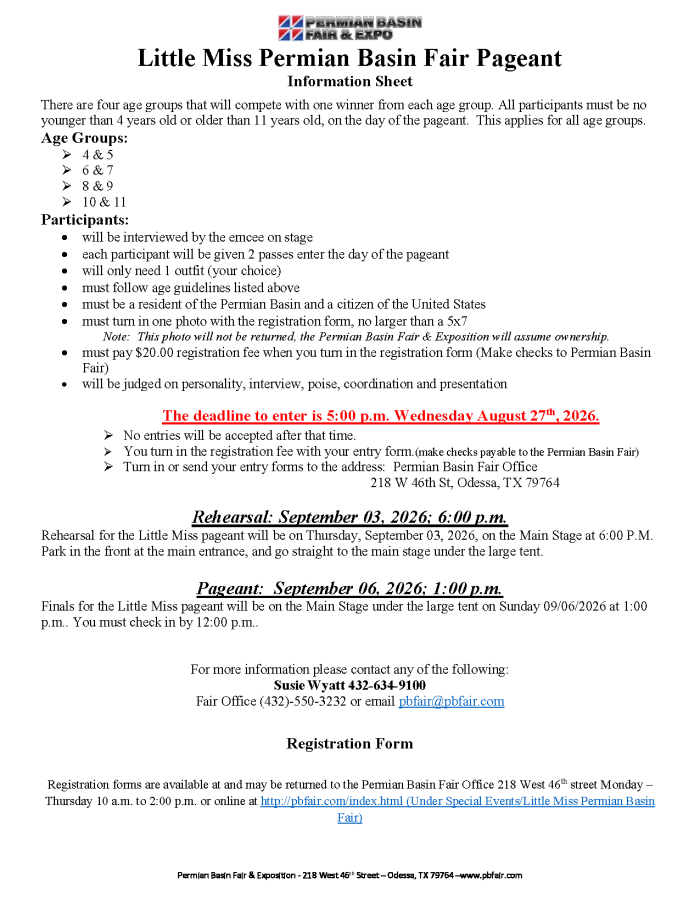 Pageant registration information sheet with deadlines.